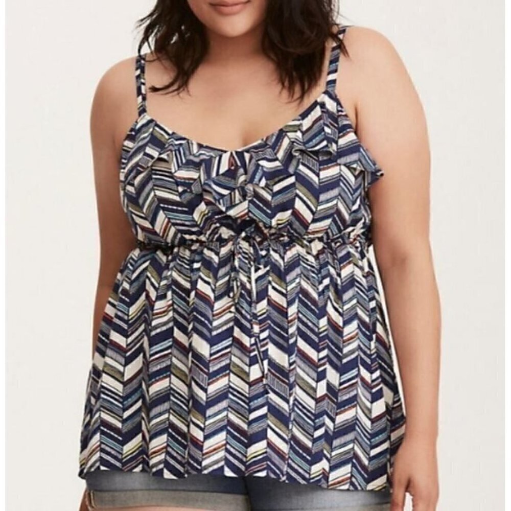 Torrid Top Womens Large 12 Blue Chevron Print Ruffle Tank Tie Waist Boho Flowy